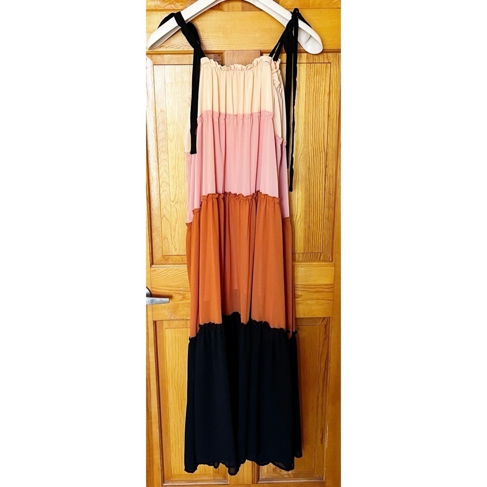 Color Block Maxi Dress Sz M Peach Black Brown Beach Boho Festival Hippie Ruffle - Picture 6 of 9